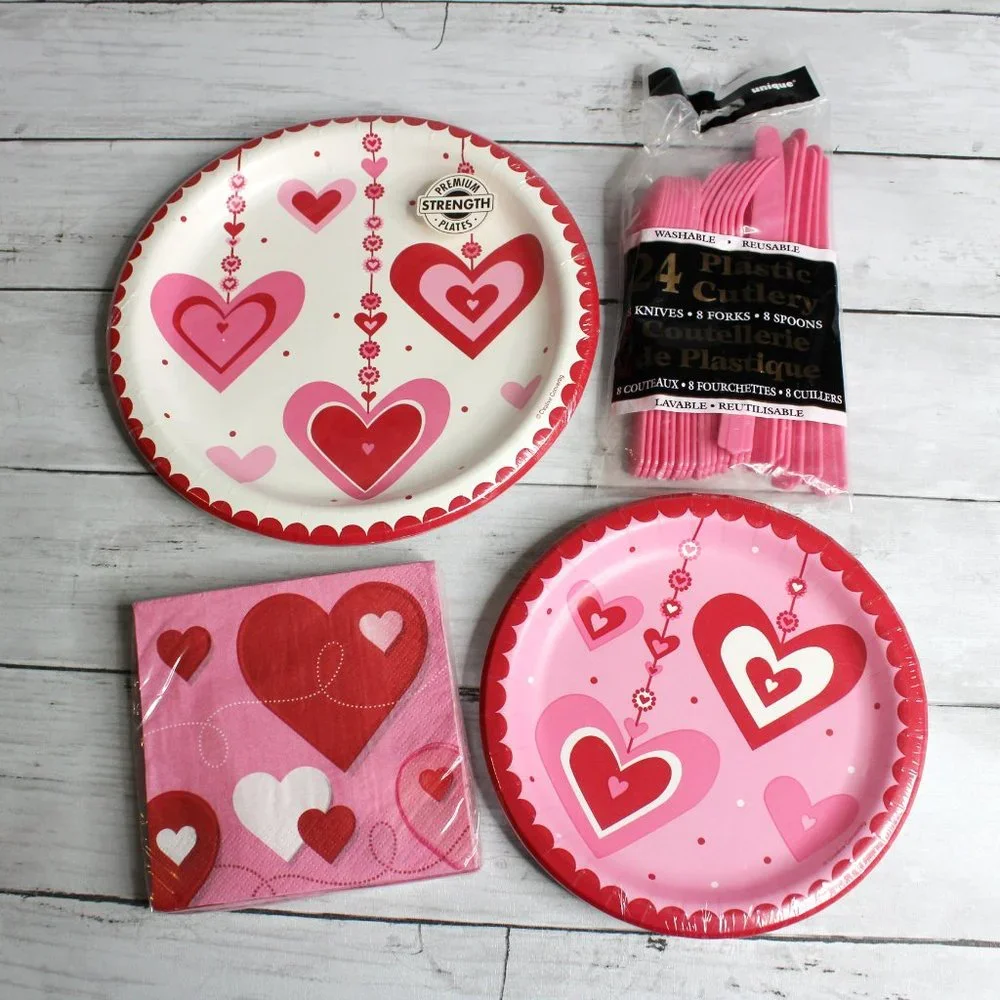 Party Valentine's Day Paper Plates Napkins Cutlery Dinnerware Lot Pink